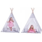 Cort mare copii stil indian Teepee White Grey Stars, XXL, alb-gri, include covoras / salteluta si perne